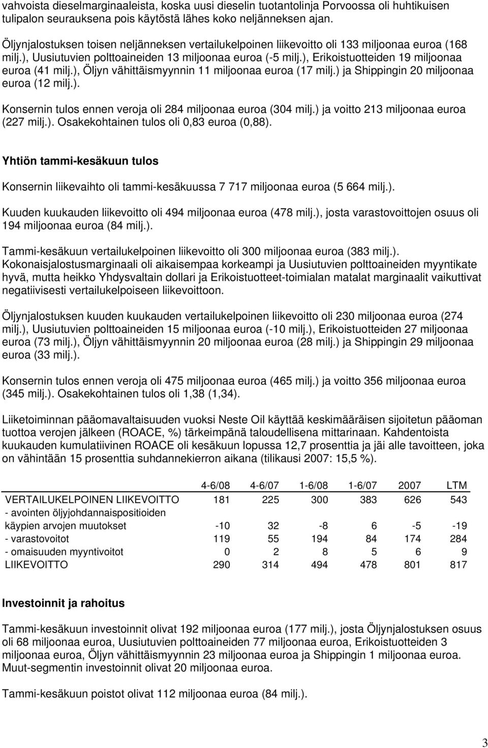 ), Erikoistuotteiden 19 miljoonaa euroa (41 milj.), Öljyn vähittäismyynnin 11 miljoonaa euroa (17 milj.) ja Shippingin 20 miljoonaa euroa (12 milj.). Konsernin tulos ennen veroja oli 284 miljoonaa euroa (304 milj.