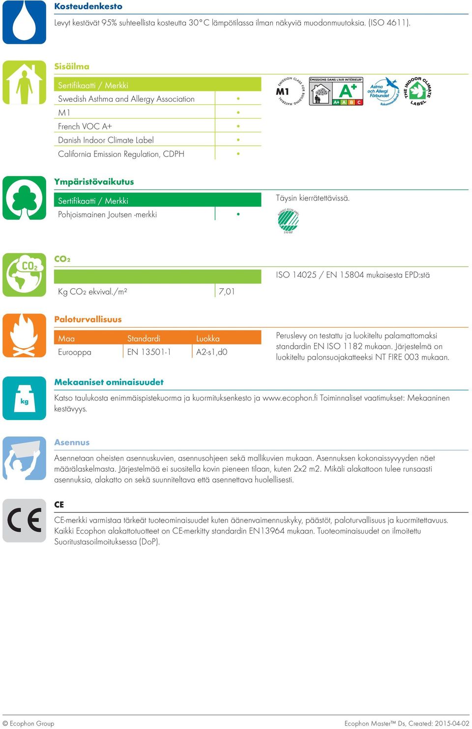 Jousen -merkki Täysin kierräeävissä. NORDIC ECOLABEL 310 007 CO₂ ISO 14025 / EN 15804 mukaisesa EPD:sä Kg CO₂ ekvival.