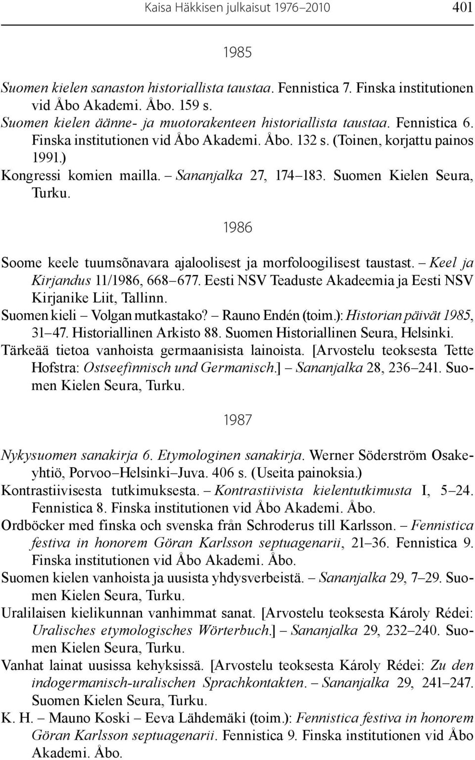 Sananjalka 27, 174 183. Suomen Kielen Seura, Turku. 1986 Soome keele tuumsõnavara ajaloolisest ja morfoloogilisest taustast. Keel ja Kirjandus 11/1986, 668 677.