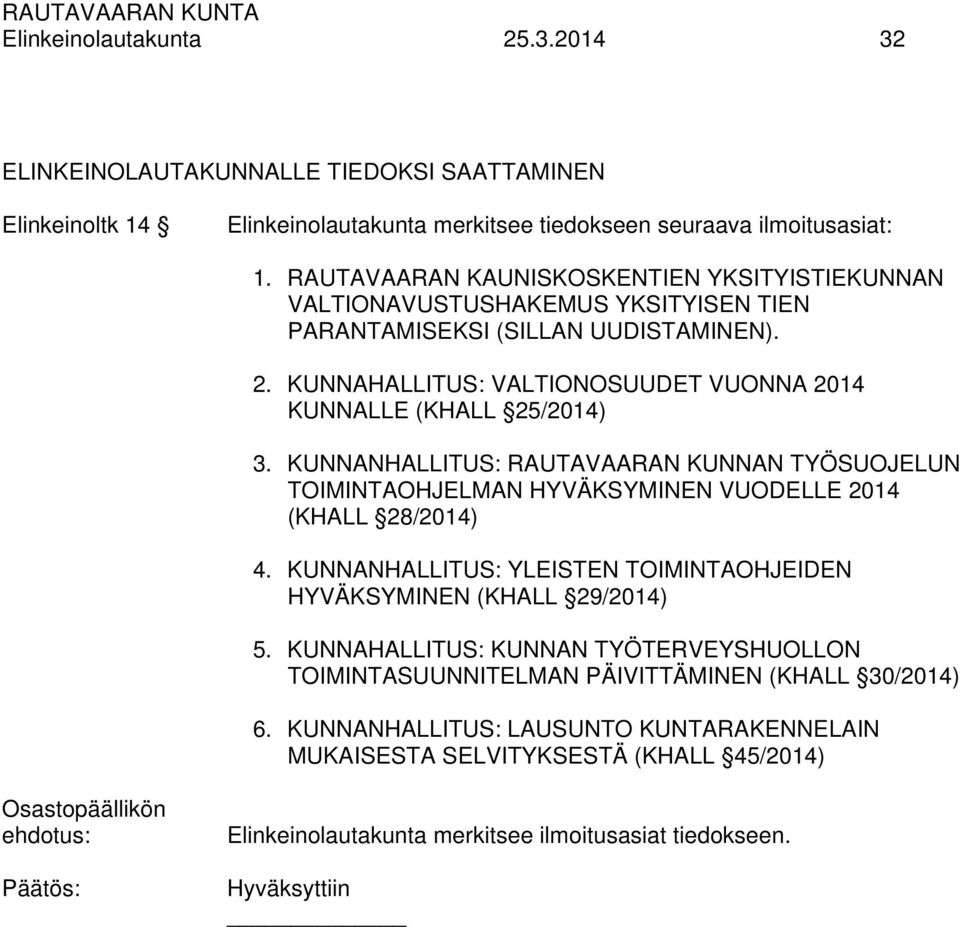 KUNNANHALLITUS: RAUTAVAARAN KUNNAN TYÖSUOJELUN TOIMINTAOHJELMAN HYVÄKSYMINEN VUODELLE 2014 (KHALL 28/2014) 4. KUNNANHALLITUS: YLEISTEN TOIMINTAOHJEIDEN HYVÄKSYMINEN (KHALL 29/2014) 5.