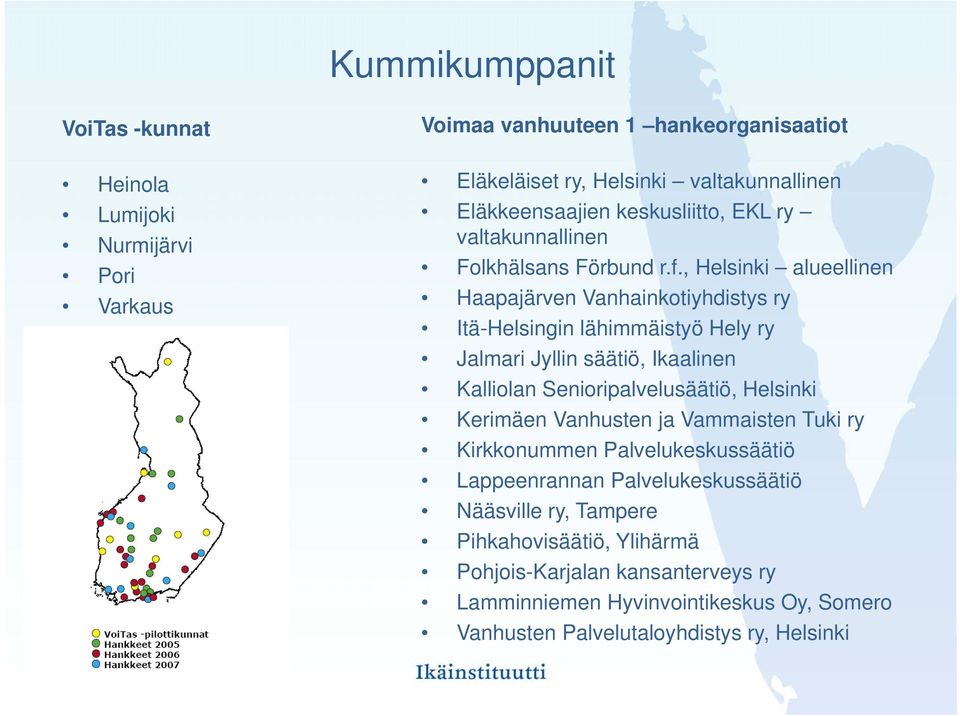 , Helsinki alueellinen Haapajärven Vanhainkotiyhdistys ry Itä-Helsingin lähimmäistyö Hely ry Jalmari Jyllin säätiö, Ikaalinen Kalliolan Senioripalvelusäätiö, Helsinki