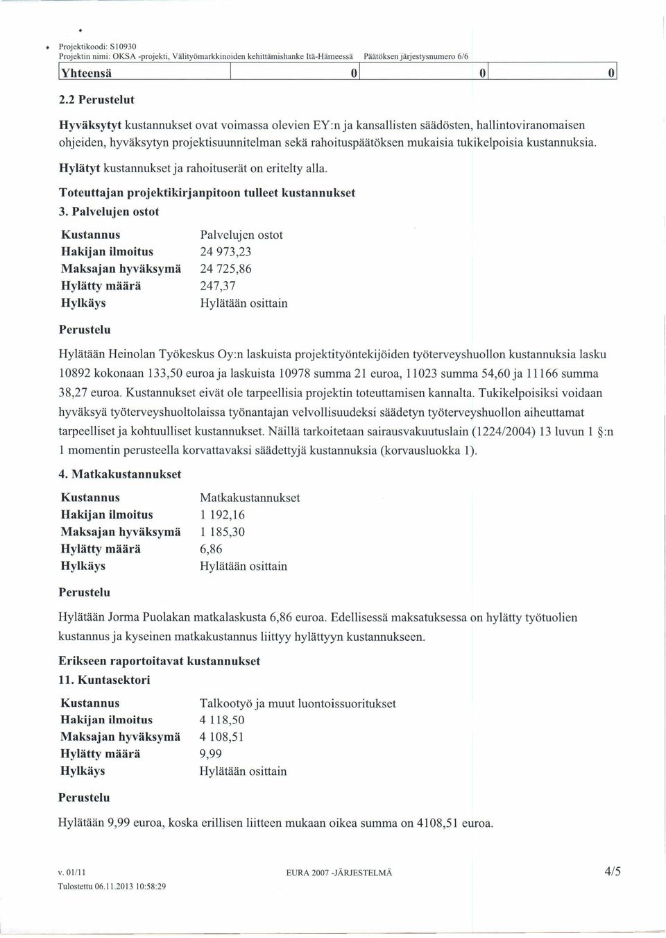 Hylätyt ja rahoituserät on eritelty alla. Toteuttajan projektikirjanpitoon tulleet 3.