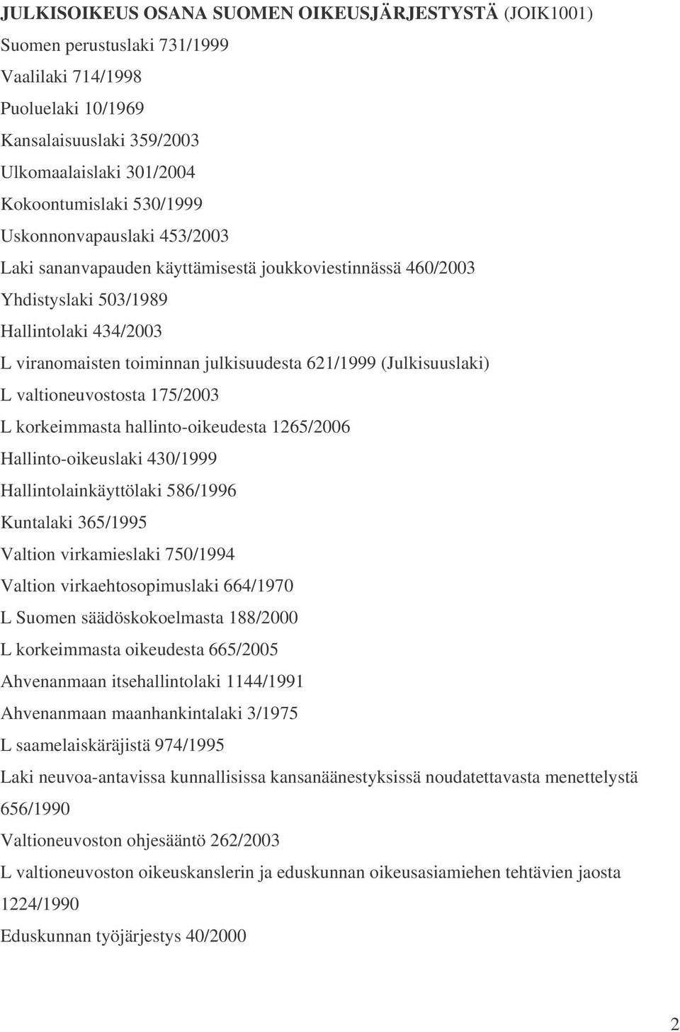 L korkeimmasta hallinto-oikeudesta 1265/2006 Hallinto-oikeuslaki 430/1999 Hallintolainkäyttölaki 586/1996 Kuntalaki 365/1995 Valtion virkamieslaki 750/1994 Valtion virkaehtosopimuslaki 664/1970 L