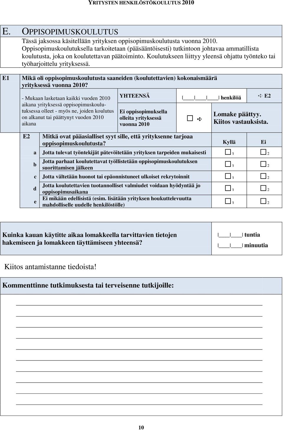 E1 Mikä oli oppisopimuskoulutust sneien (koulutettvien) kokonismäärä yrityksessä vuonn 2010?