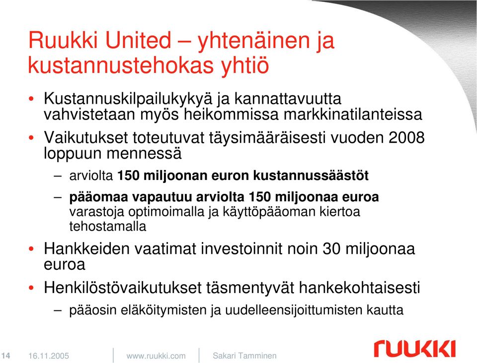 150 miljoonaa euroa varastoja optimoimalla ja käyttöpääoman kiertoa tehostamalla Hankkeiden vaatimat investoinnit noin 30 miljoonaa euroa