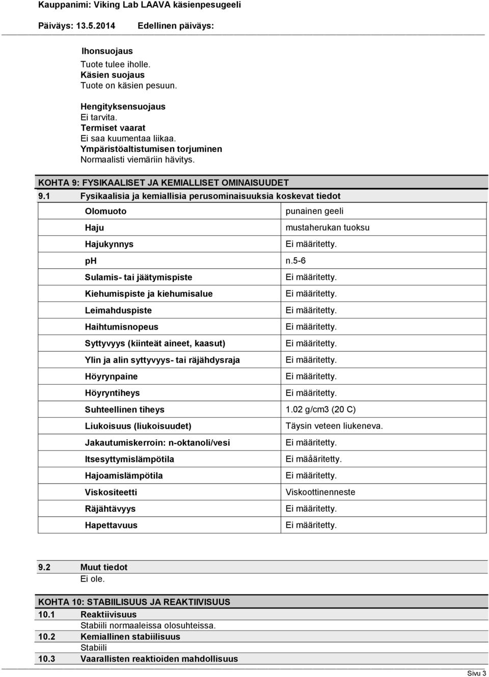 1 Fysikaalisia ja kemiallisia perusominaisuuksia koskevat tiedot Olomuoto Haju Hajukynnys ph Sulamis- tai jäätymispiste Kiehumispiste ja kiehumisalue Leimahduspiste Haihtumisnopeus Syttyvyys