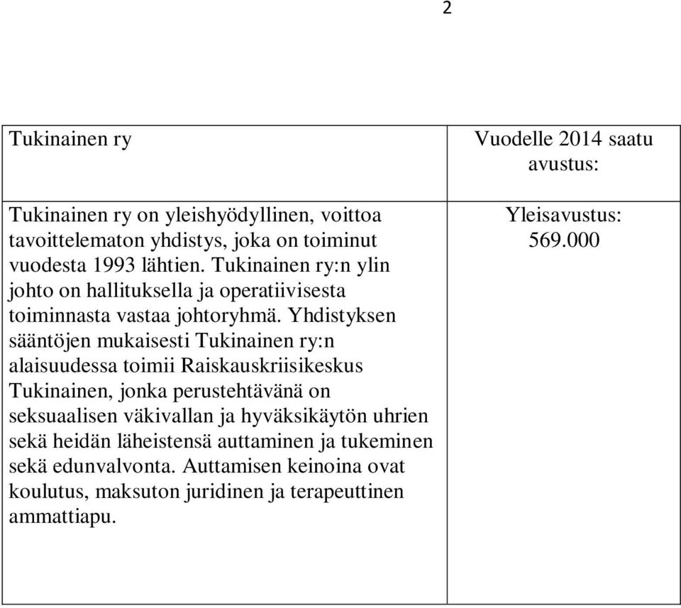 Yhdistyksen sääntöjen mukaisesti Tukinainen ry:n alaisuudessa toimii Raiskauskriisikeskus Tukinainen, jonka perustehtävänä on seksuaalisen