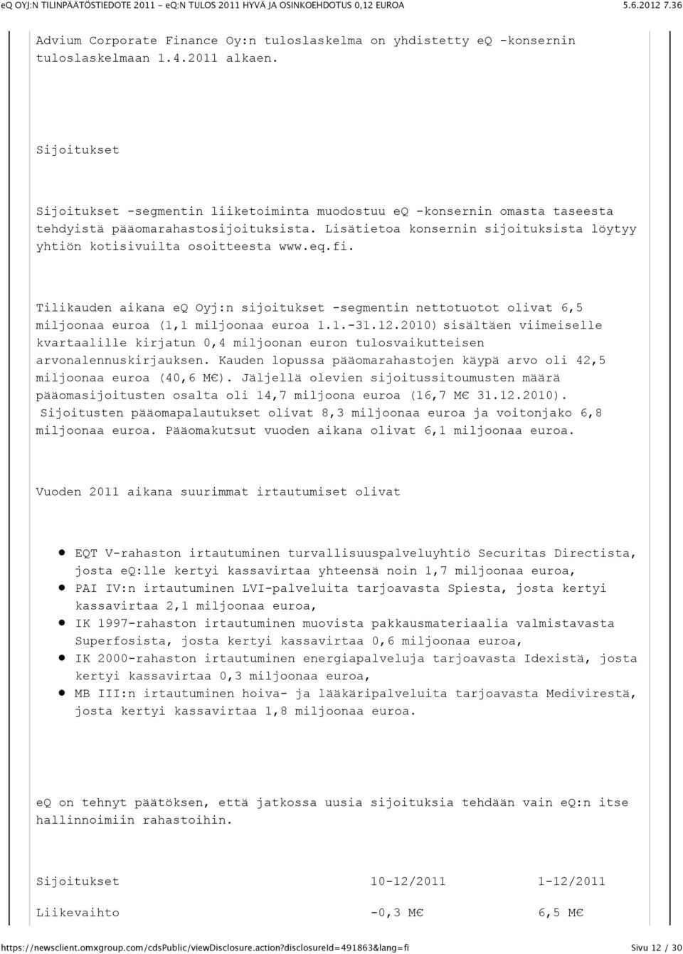 Lisätietoa konsernin sijoituksista löytyy yhtiön kotisivuilta osoitteesta www.eq.fi. Tilikauden aikana eq Oyj:n sijoitukset -segmentin nettotuotot olivat 6,5 miljoonaa euroa (1,1 miljoonaa euroa 1.1.-31.