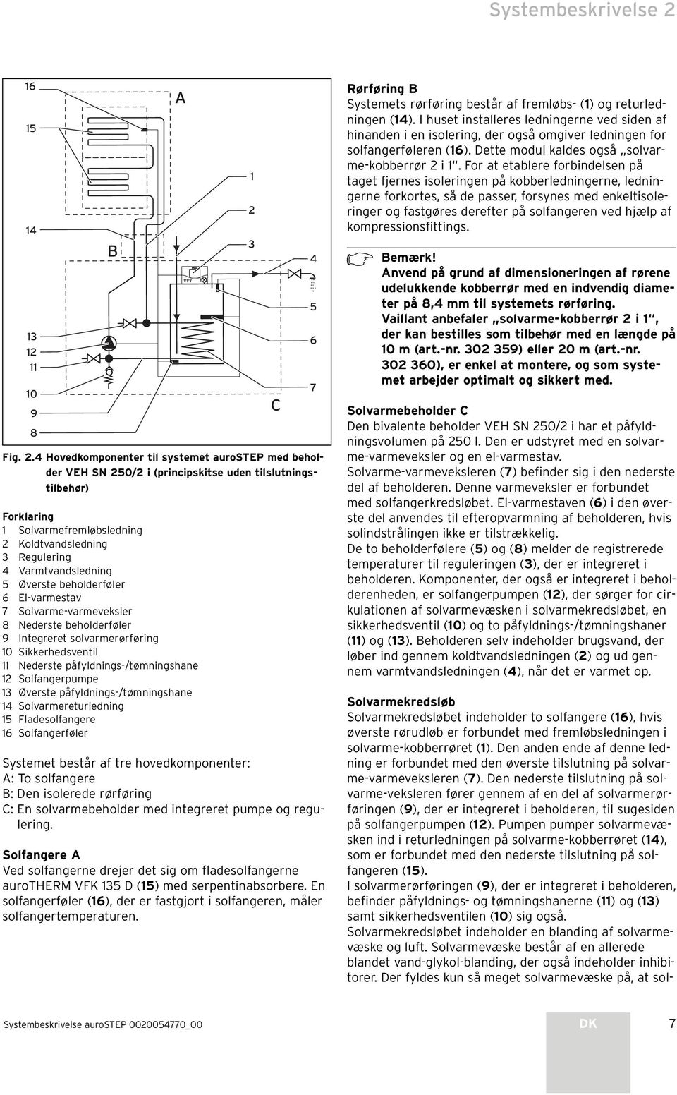 4 Hovedkomponenter til systemet aurostep med beholder VEH SN 250/2 i (principskitse uden tilslutningstilbehør) A Forklaring 1 Solvarmefremløbsledning 2 Koldtvandsledning 3 Regulering 4