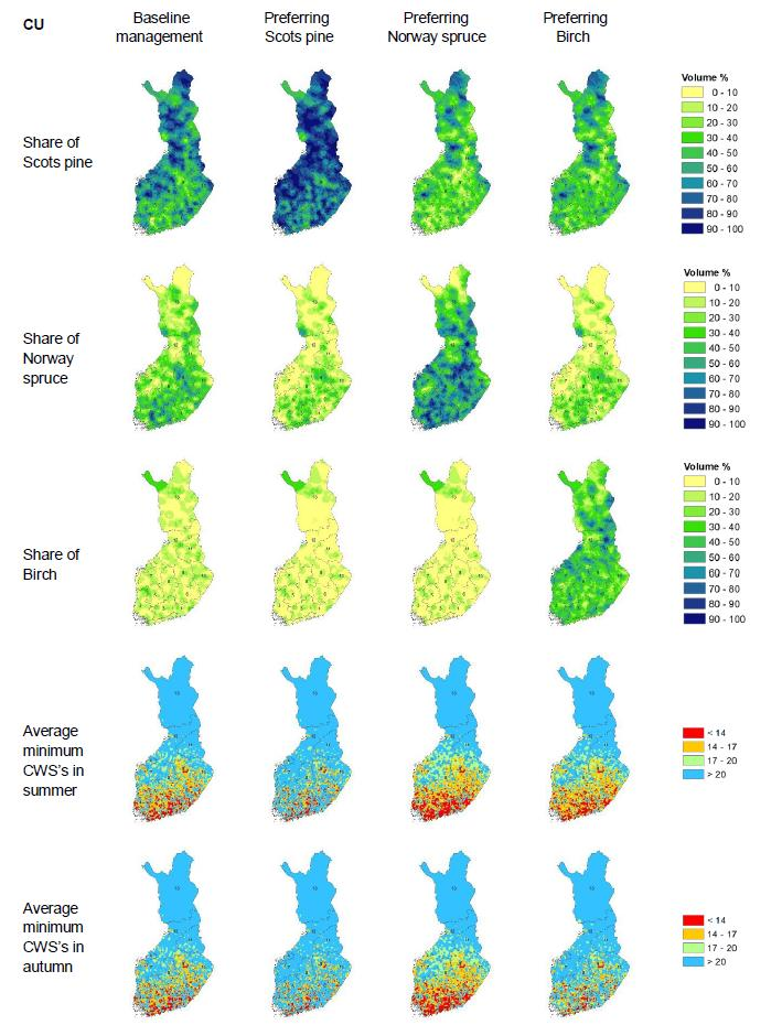 Eri puulajien suosiminen metsänuudistamisessa (MT-kasvupaikat): vaikutukset metsien tuulituhoriskeihin 2070-2099 nykyilmastossa (SIMA & HWIND laskelmat muuten kuten edellä) Perusmetsänhoito Männyn