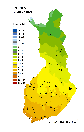 Keskilämpötila muuttuvassa ilmastossa 2010-39, 2040-69 ja 2070-99 (vas. oik.) RCP2.