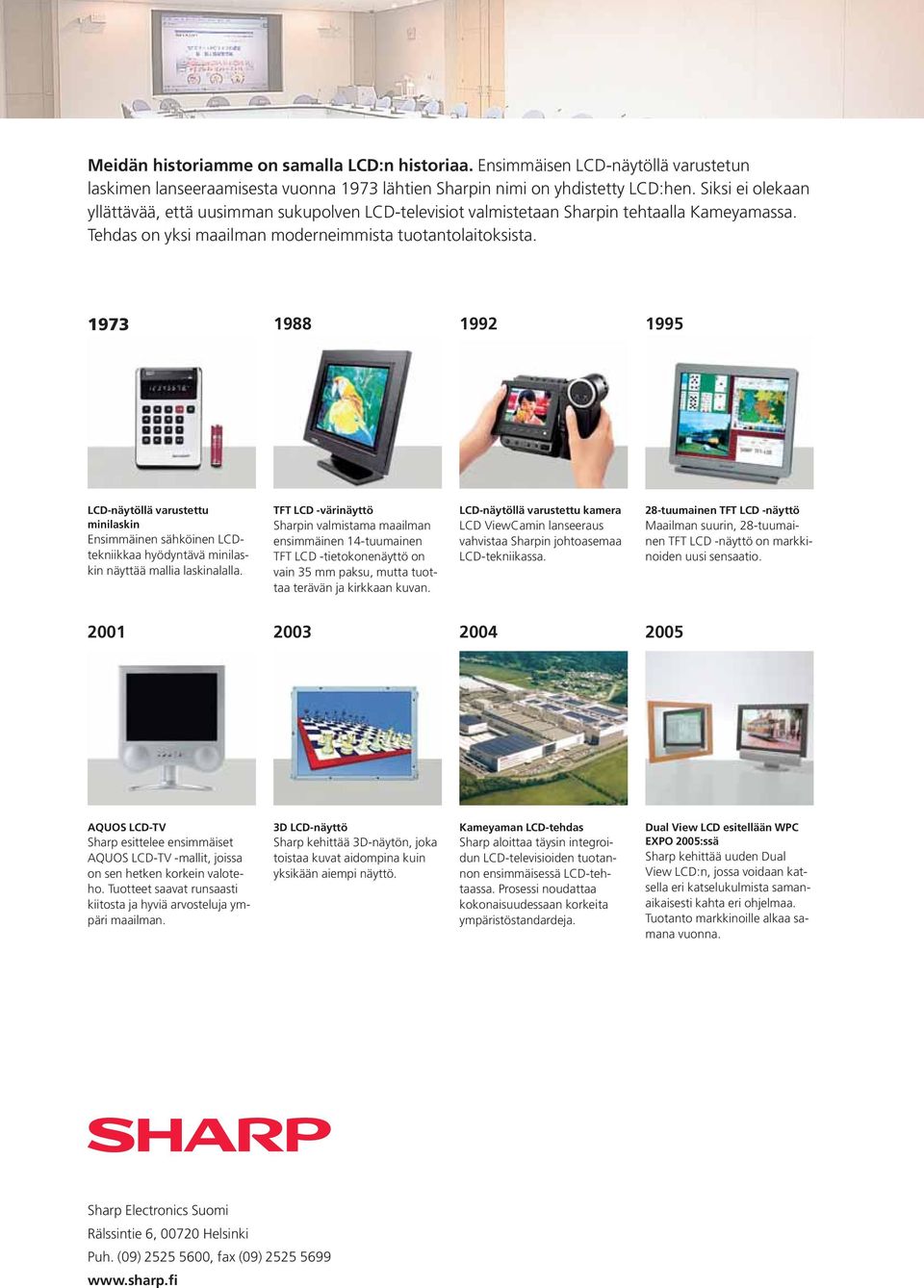 1973 1988 1992 1995 LCD-näytöllä varustettu minilaskin Ensimmäinen sähköinen LCDtekniikkaa hyödyntävä minilaskin näyttää mallia laskinalalla.