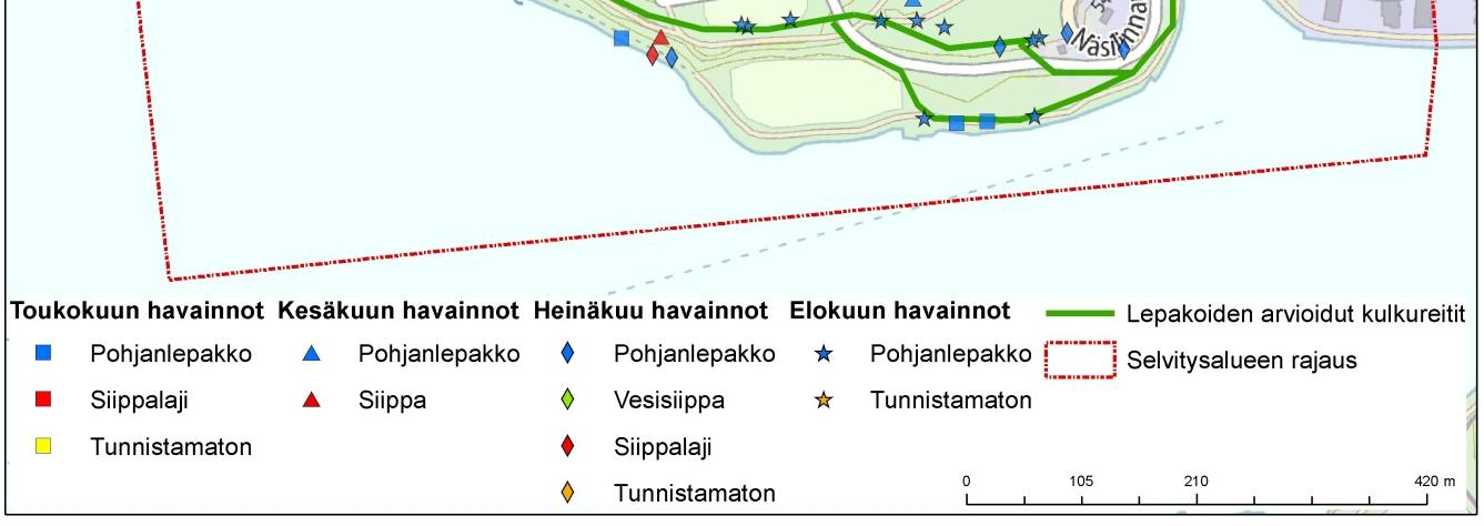 14 Kuva 13. Aktiivikartoituksessa havaitut lepakot kuukausittain. 5.