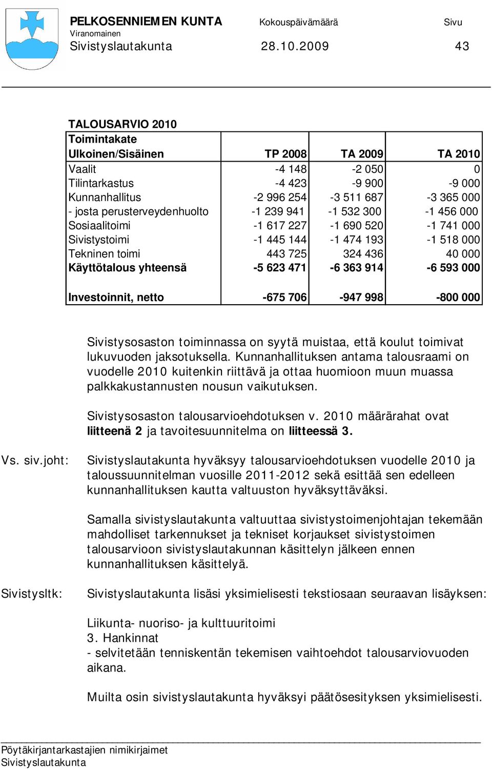 perusterveydenhuolto -1 239 941-1 532 300-1 456 000 Sosiaalitoimi -1 617 227-1 690 520-1 741 000 Sivistystoimi -1 445 144-1 474 193-1 518 000 Tekninen toimi 443 725 324 436 40 000 Käyttötalous