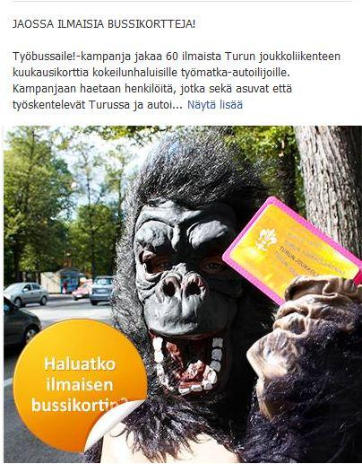Ilmaisia bussikortteja ja Facebook Kampanjassa annetaan 60 kuukausikorttia maksutta Turun joukkoliikenteeseen kokeilunhaluisille työmatkaautoilijoille.