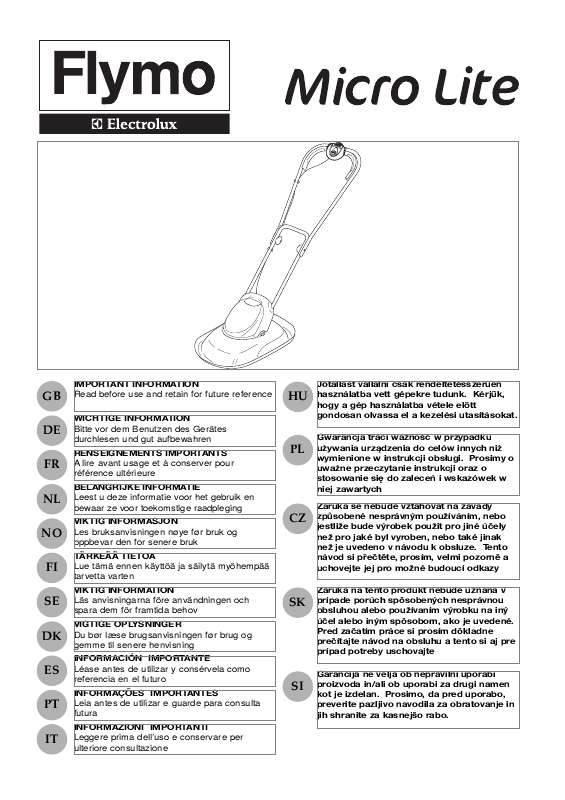 Voit lukea suosituksia käyttäjän oppaista, teknisistä ohjeista tai asennusohjeista tuotteelle FLYMO MICROLITE 28.
