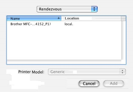 1 Käynnistä Print Center -ohjelmisto ja osoita Add. 2 Valitse Rendezvous, niin Rendezvous-yhteensopivat laitteet näytetään.