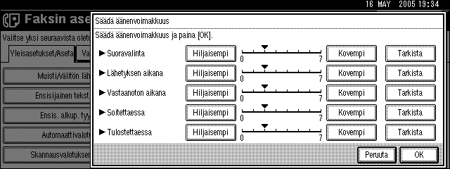 Vianmääritys faksitoimintoa käytettäessä E Säädä äänenvoimakkuutta painamalla [Hiljaisempi] tai [Kovempi] ja paina sitten [OK]. 3 Voit kuulla todellisen äänenvoimakkuuden painamalla [Tarkista].