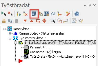 12 MASTERCAM X9/ Yksittäiset profiiliradat 9 Valitse Tiedosto, Tallenna. Työstöradan simulointi Simuloinnissa rataa, jota pitkin lanka kulkee voidaan katsella.