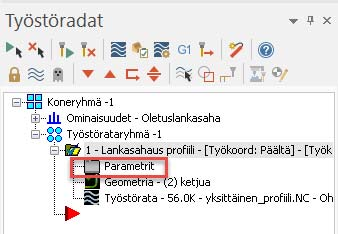 14 MASTERCAM X9/ Yksittäiset profiiliradat 1 Klikkaa Työstöratojen hallinnassa Lankasahaus profiilin Parametrit - ikonia. 2 Valitse puurakenteesta Lanka/tehoasetukset. 3 Aseta 1.
