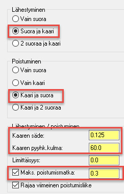 16 MASTERCAM X9/ Yksittäiset profiiliradat 11 Valitse Suora ja kaari lähestymiseksi ja Kaari ja suora poistumiseksi.