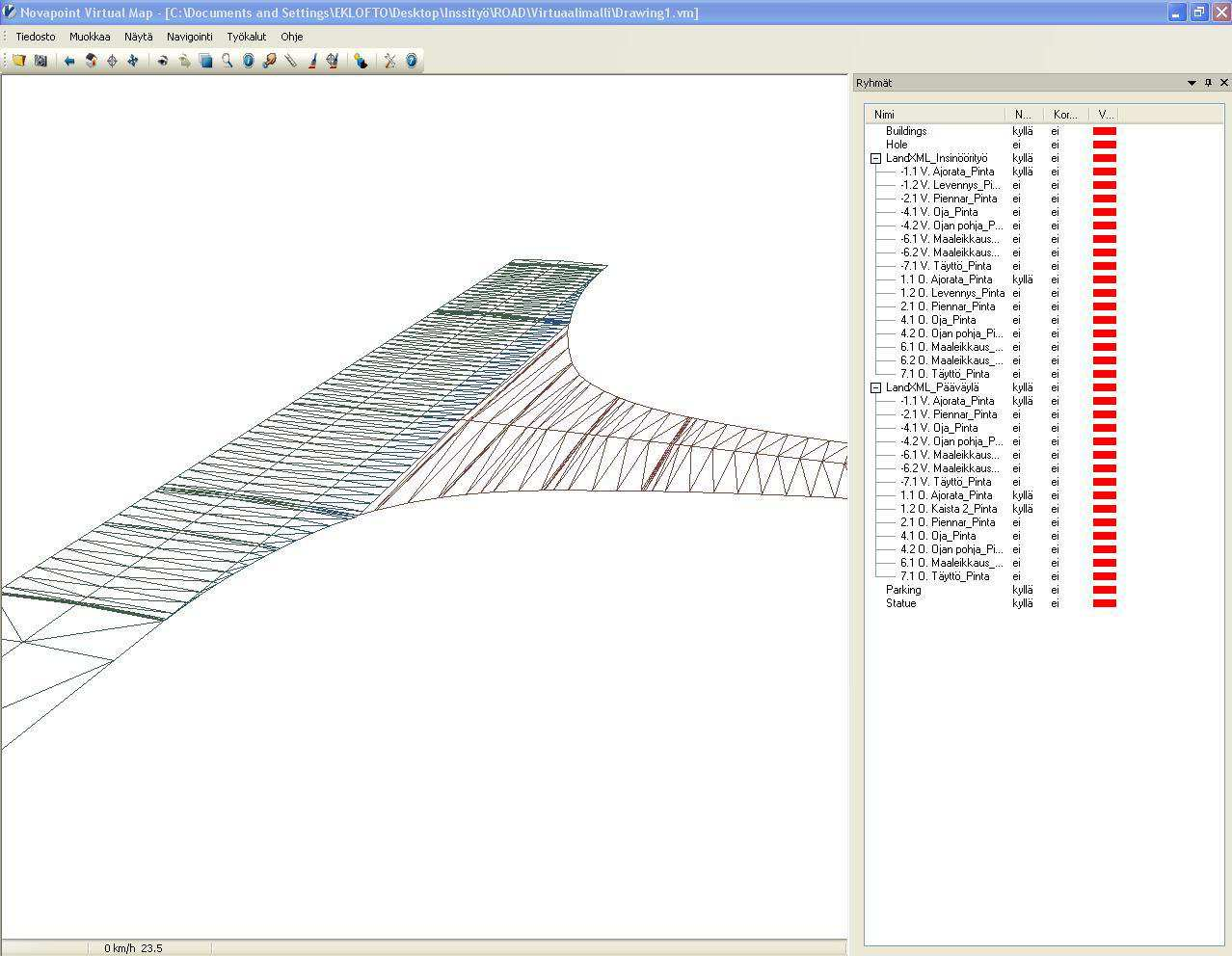 37 Kuva 27. Liittymäalueen tarkastelu. LandXML-mallien tarkastelu virtuaalimallissa mahdollistaa myös törmäystarkastelut.
