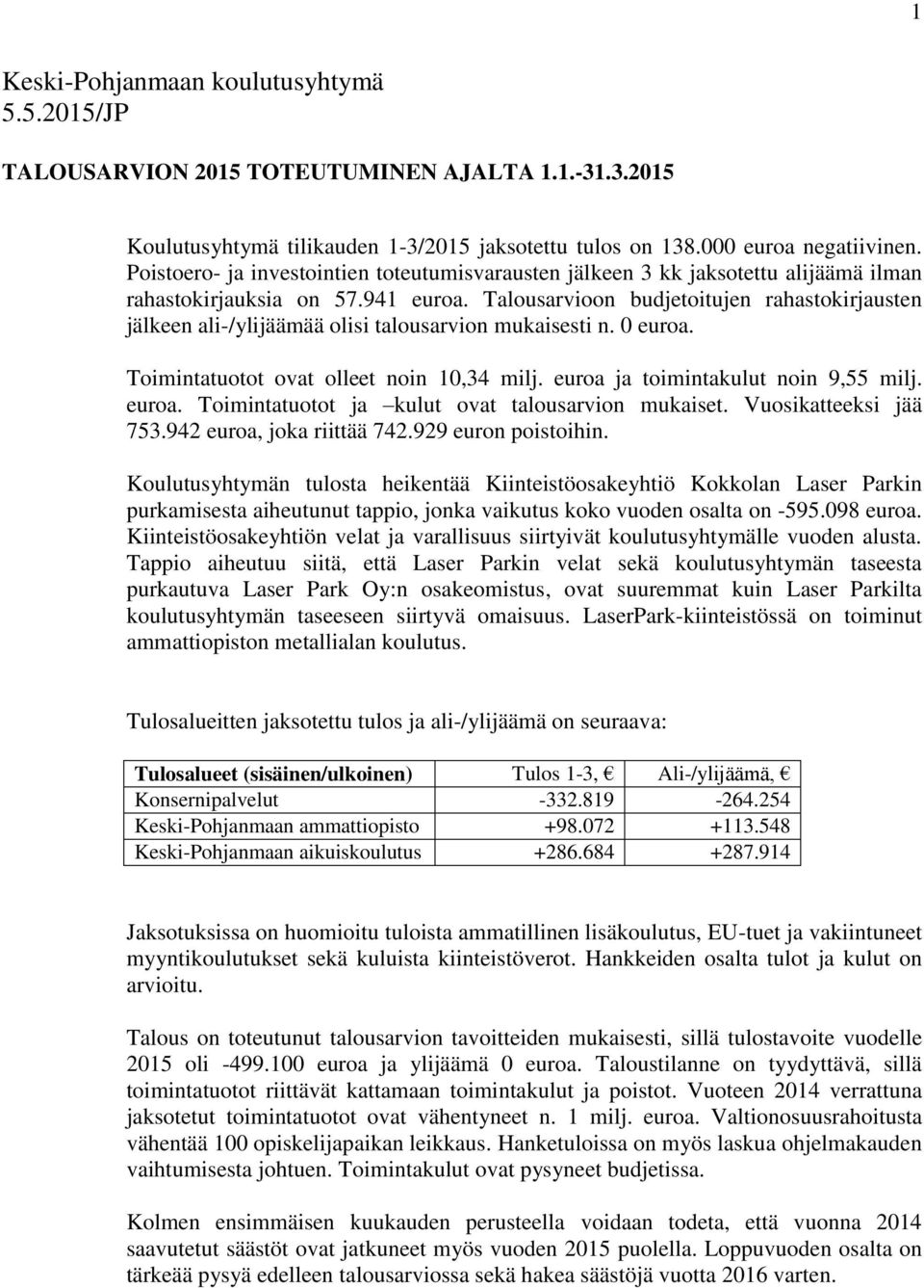 Talousarvioon budjetoitujen rahastokirjausten jälkeen ali-/ylijäämää olisi talousarvion mukaisesti n. 0 euroa. Toimintatuotot ovat olleet noin 10,34 milj. euroa ja toimintakulut noin 9,55 milj. euroa. Toimintatuotot ja kulut ovat talousarvion mukaiset.