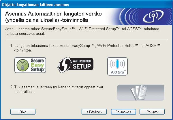 Langattoman verkon asetusten määritys Brother-asennusohjelmalla (Windows ) (HL-2170W) h Valitse Automaattinen asennus (kokeneille käyttäjille) ja napsauta sitten Seuraava.