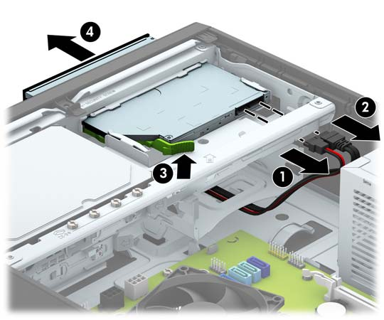 Ohuen 9,5 mm:n optisen aseman irrottaminen HUOMIO: Kaikki irrotettavat tietovälineet tulee irrottaa asemasta, ennen kuin asema irrotetaan tietokoneesta. 1.