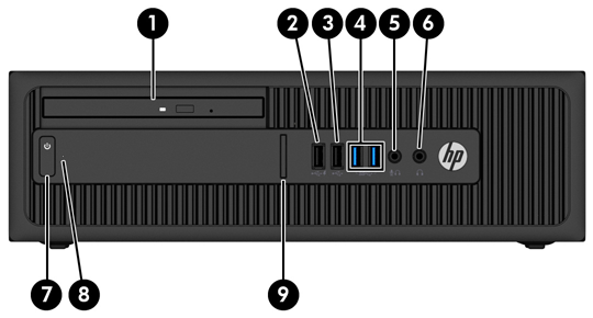 Etupaneelin osat Asemakokoonpano voi vaihdella malleittain. Joissakin malleissa on ohuen optisen asemapaikan päällä peitelevy. 1 Slim, optinen asema (valinnainen) 6 Kuulokkeen liitin 2 USB 2.