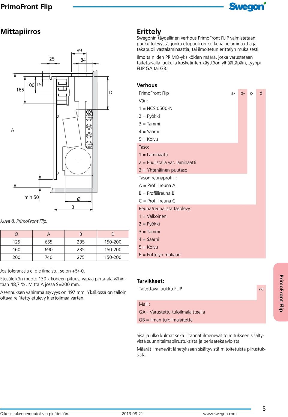 . Ø A B D 125 655 235 150-200 160 690 235 150-200 200 740 275 150-200 Verhous a- b- c- d Väri: 1 = NCS 0500-N 2 = Pyökki 3 = Tammi 4 = Saarni 5 = Koivu Taso: 1 = Laminaatti 2 = Puulistalla var.