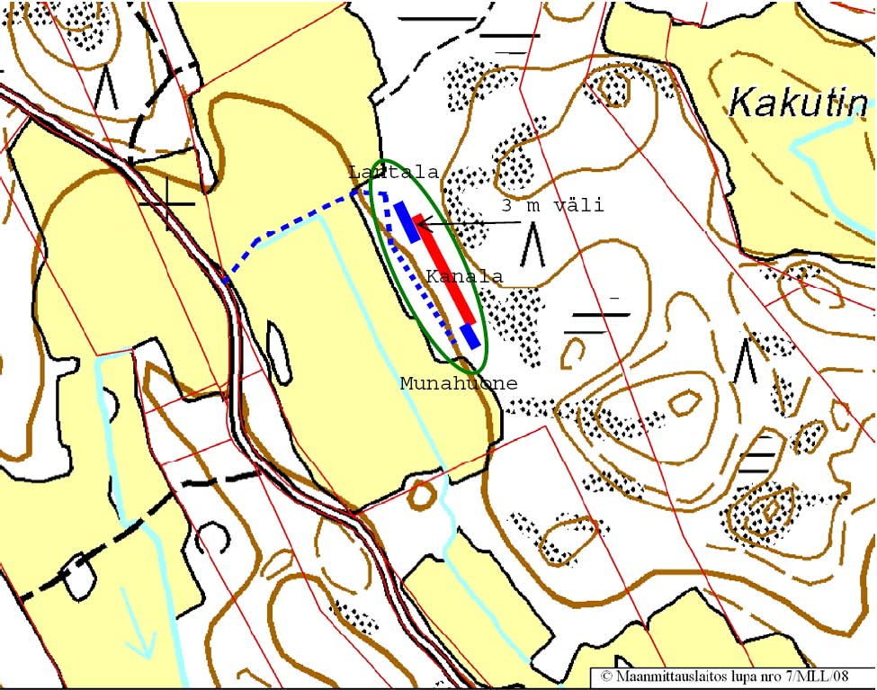 Kuva 3.4 VE2, hankkeelle varattu alue rajattu vihreällä viivalla ja tielinjaus sinisellä katkoviivalla. Lisäksi tarkastellaan ns.