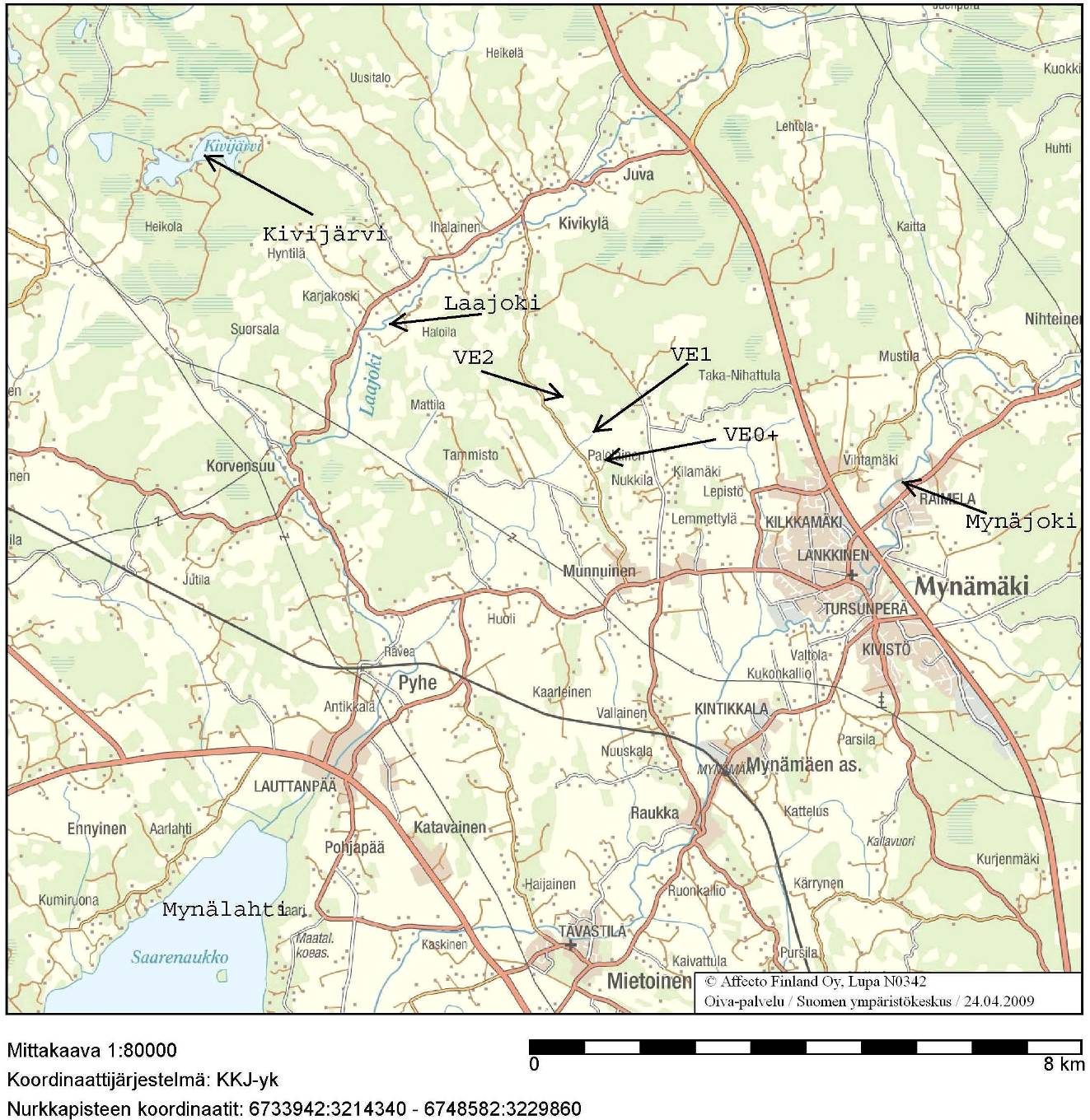 Kivijärvi sijaitsee vaihtoehdoista VE0 ja 0+ noin 6,6 kilometrin, VE1:stä noin 6,4 kilometrin ja VE2:sta noin 5,6 kilometrin etäisyydellä luoteessa.
