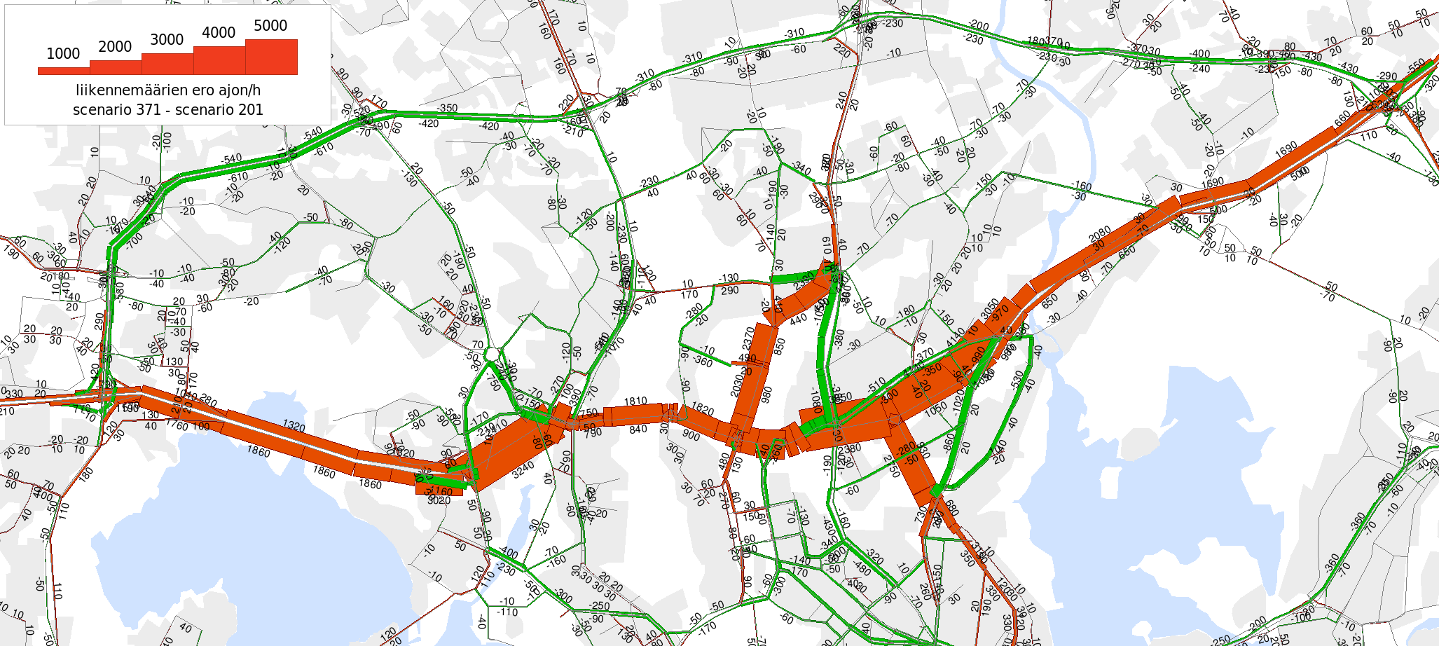 22 Kuva 48 Pasilanväylän liikennekäytäväselvitys TUNNELIRATKAISUN ANALYYSIT Länsitunnelissa itään kulkevan henkilöautoliikenteen suuntautuminen (aamuhuipputunti 2035).