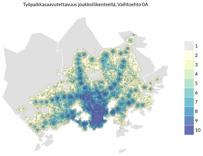 Pasilanväylän liikennekäytäväselvitys 25 TUNNELIRATKAISUN ANALYYSIT Työpaikkojen parhaat saavutettavuusvyöhykkeet henkilöautolla painottuvat Helsingin kantakaupunkiin ja sen lähialueille.