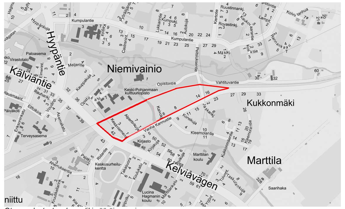 KÄLVIÄN RADANVARSI VANHAN KANNUSTIEN KOHDALLA ASEMAKAAVATYÖN VIREILLE TULON SYY Aikataulusyistä alueen maankäyttö tutkitaan erillisellä asemakaavamuutoksella jatkona Pääradan kaksoisraiteet Kälviä