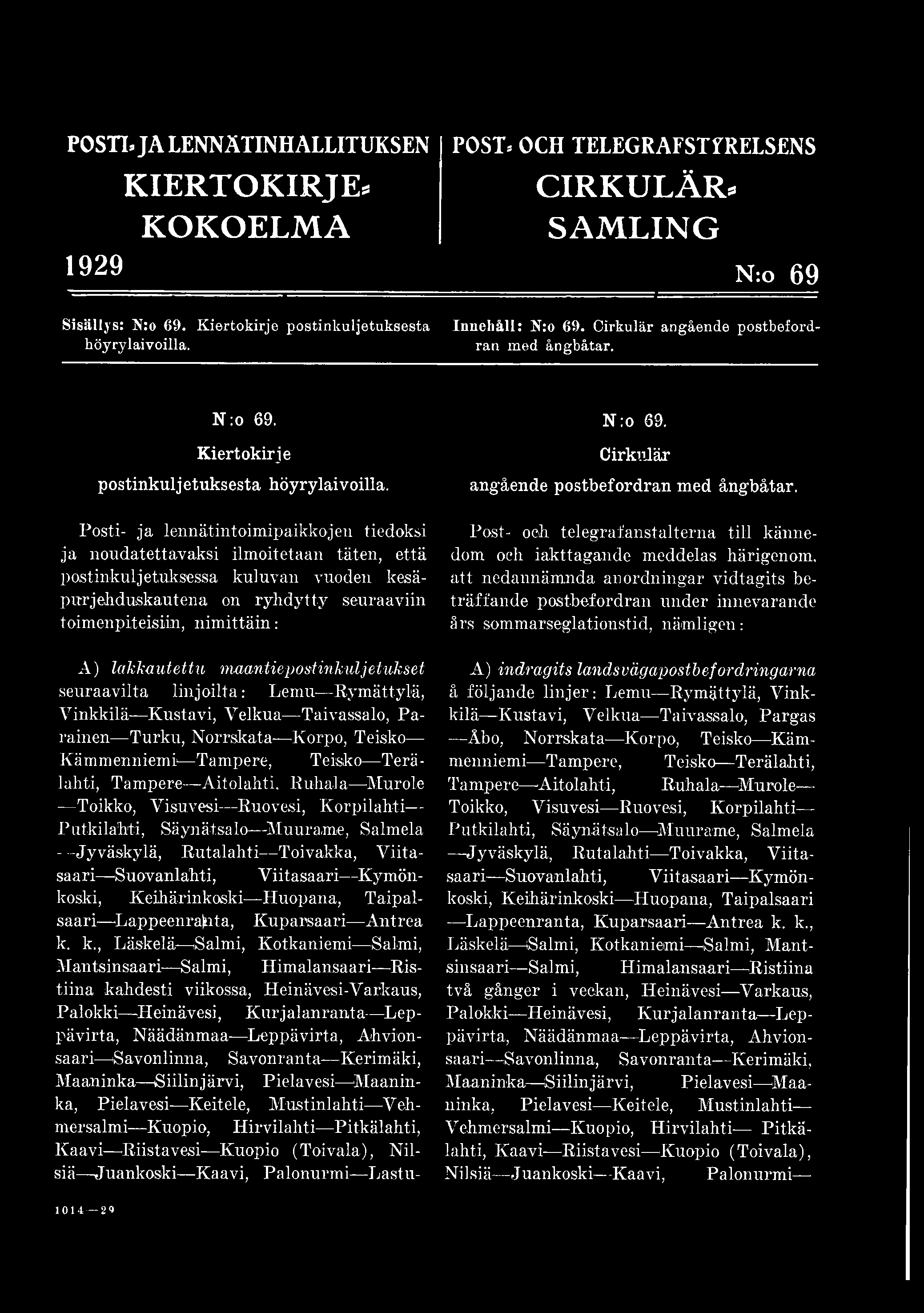 POSTI» JA LENNÄTINHALLITUKSEN 1 9 2 9 KIERTOKIRJE* KOKOELMA Sisällys: N:o 69. K iertokirje postinkuljetuksesta höyrylaivoilla.