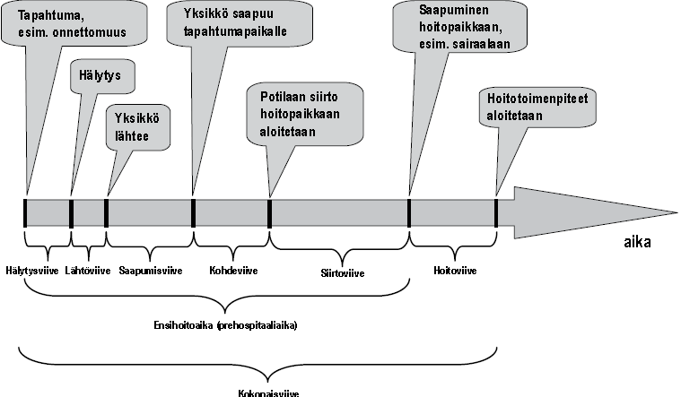 12 Kuva 1. Ensihoidon prosessin vaiheet ja viiveet 5.1 Ensiauttaja, ensivasteyksikkö, hätätilapotilas, hätäensiapu Ensivasteyksiköissä toimivia henkilöitä sanotaan ensiauttajiksi.
