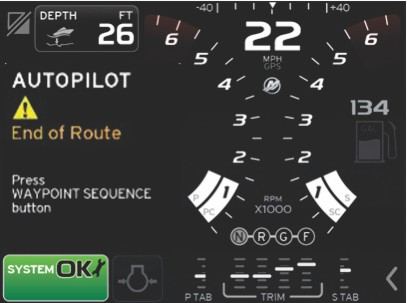 Osa 2 - Vesillä VesselView muuttaa näyttämänsä tiedot. 2. Jos kurssin muuttaminen seuraavaan matkapisteeseen on turvallista, kuljettajan tulee painaa WAYPOINT SEQUENCE (matkapistejärjestys) -painiketta matkapisteen kuittaamiseksi.
