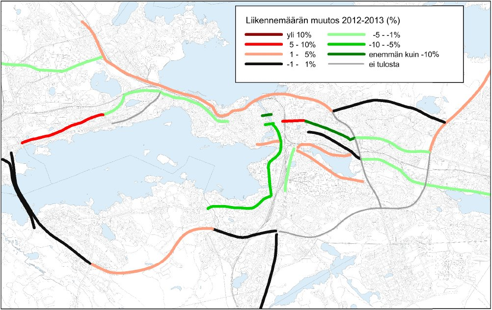 Liikennemääräraportti 2013 6 16.6.2014 Kuva 6. Liikennemäärien muutos (%) Tampereen seudulla vuosina 2012 2013.