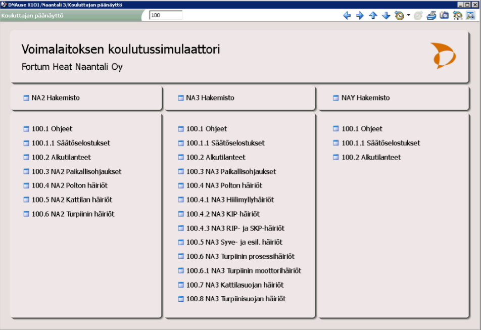 KUVA 17. Kouluttajan näkymä (Kaivosoja ym. 2012) Simulaattori koostuu eri näytöistä. Simulaattorille luodaan päänäyttö, joka tässä esimerkissä on 100 (kuva 18).