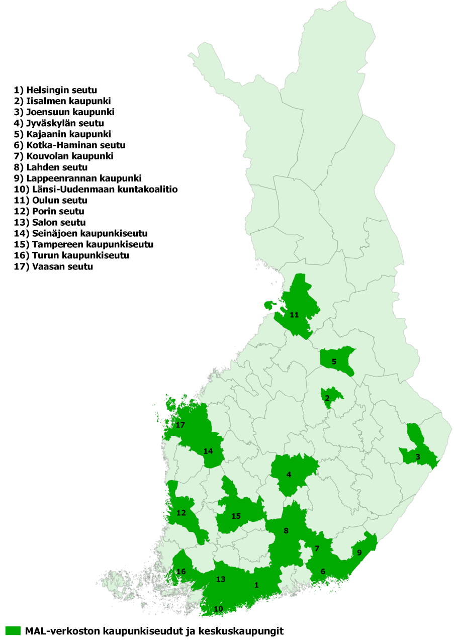 KUVA 1. MAL-verkoston jäsenalueet kartalla. Verkostolla on käsissään valtava määrä tietoa koordinaation ja jäsenten kautta.