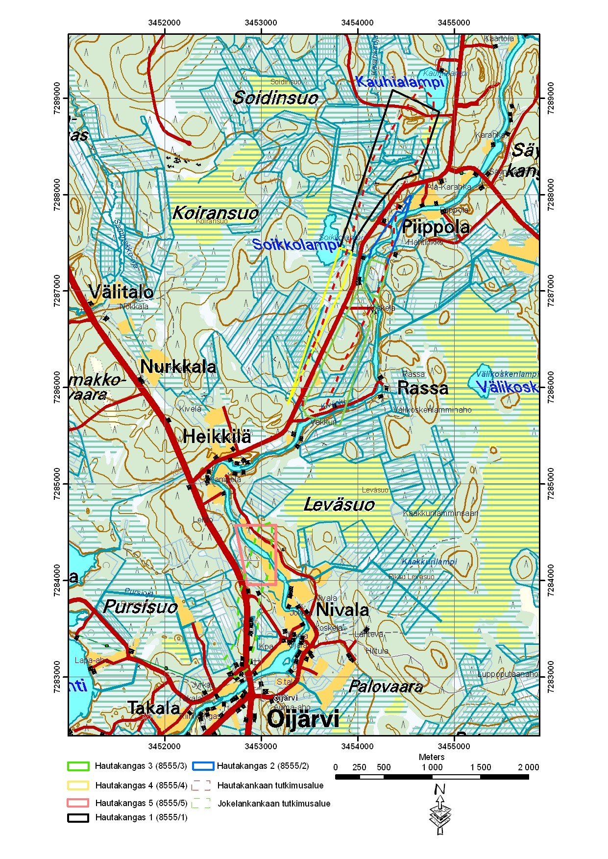 3 Kuva 2. Hautakangas 1 5 valtausalueet topografisella kartalla sekä Hautakankaan tutkimusalue (punainen katkoviiva) ja Jokelankankaan tutkimusalue (vihreä katkoviiva).