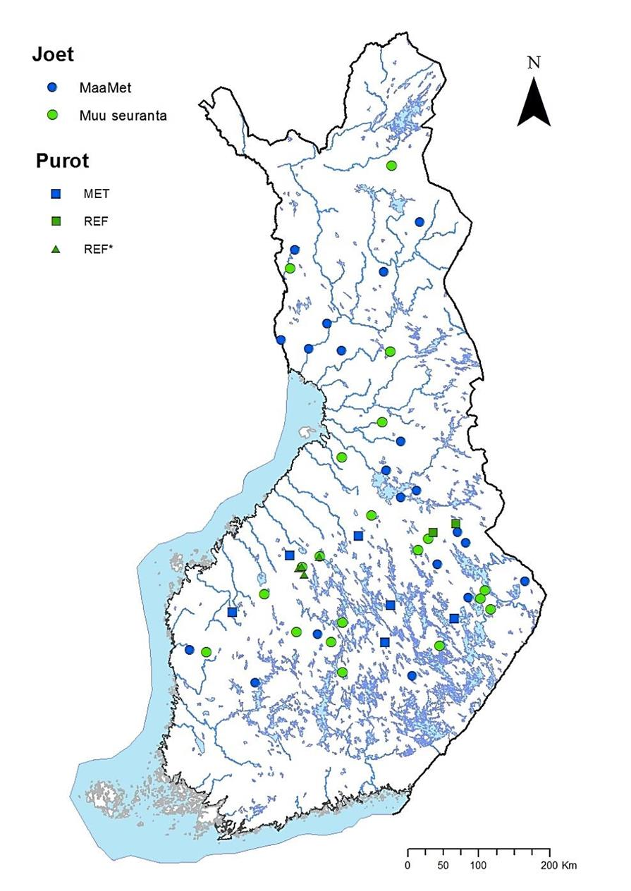 Kuva 2. Hankkeessa tarkasteltujen puro- ja jokikohteiden sijainti.