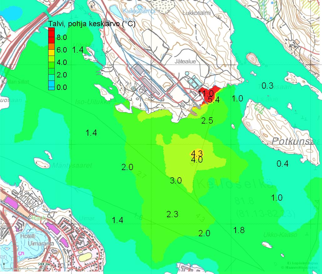 ristöön. Lievempänä vaikutukset ulottuvat koko Kelloselän keski- ja eteläosaan sekä myös Virtasalmeen kesäaikana. Kelloselän ulkopuolella jäähdytysvesien vaikutus lämpötilaan jää vähäiseksi.