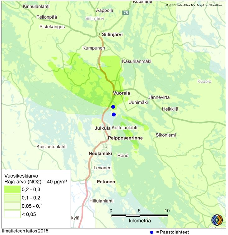 Kuva 17-11. Typpidioksidin korkein vuosikeskiarvopitoisuuden lisäys. Nykytilanne vasemmalla ja tuleva tilanne oikealla. Taustapitoisuus noin 3 μg/m 3. 17.5.