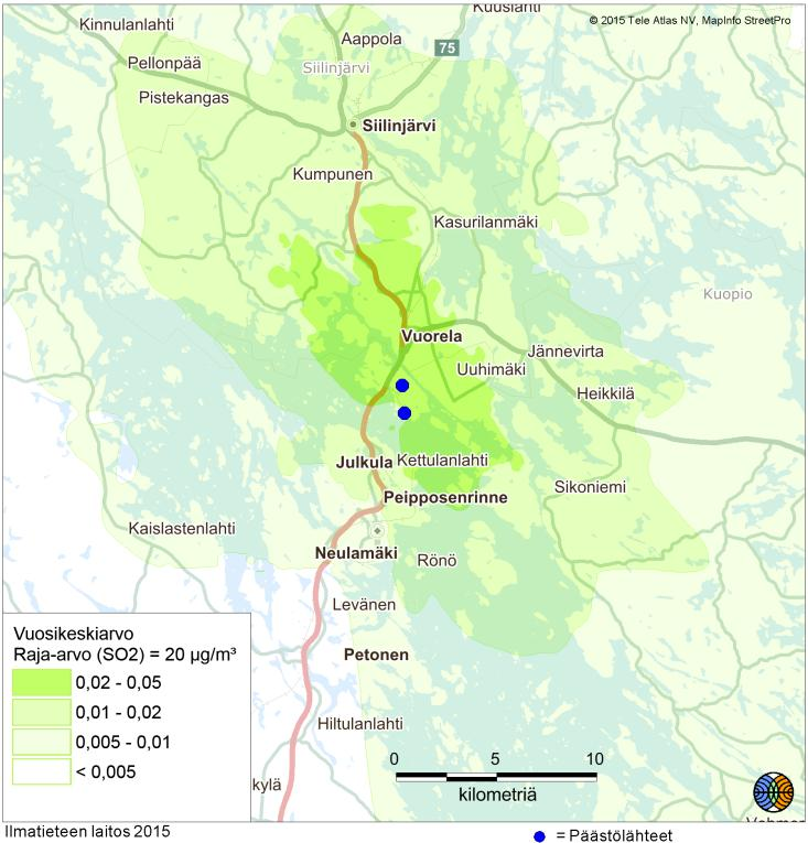 Kuva 17-13. Rikkidioksidin korkein vuosikeskiarvopitoisuuden lisäys. Nykytilanne vasemmalla ja tuleva tilanne oikealla. Taustapitoisuus noin 2,7 μg/m 3. 17.5.