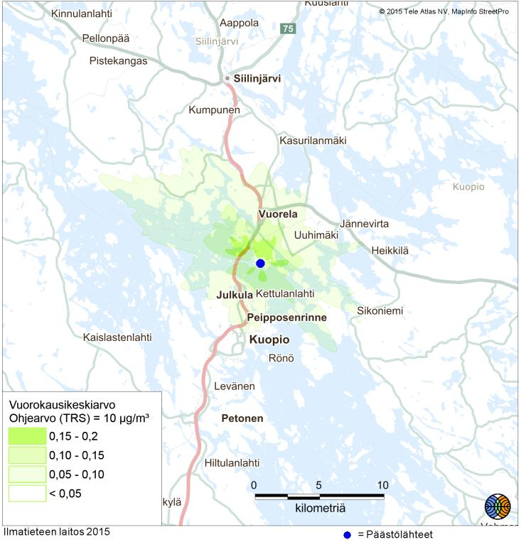 Kuva 17-14. Pelkistyneiden rikkiyhdisteiden (TRS) korkein vuosikeskiarvopitoisuuden lisäys. Nykytilanne vasemmalla ja tuleva tilanne oikealla. 17.5.