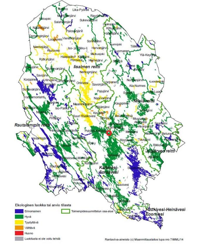 Kuva 16-13. Pohjois-Savon pintavesien tilaluokitus vuodelta 2013. Hankealueen sijainti merkitty punaisella ympyrällä. (Pohjois-Savon ELY-keskus 2013) 16.1.12 Vesistön ja rantojen käyttö Keski-Kallaveden alueella on pääasiassa tavanomaista virkistyskäyttöä sekä kotitarveja virkistyskalastusta.
