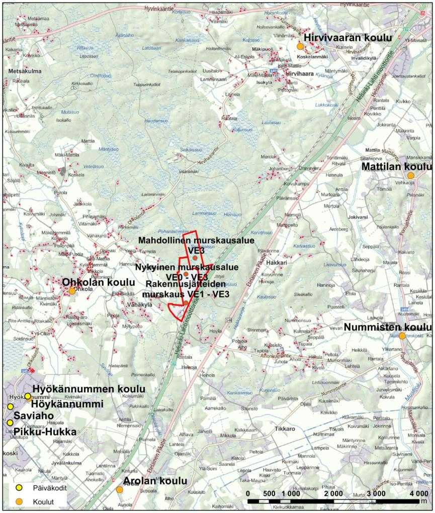 Lähivaikutusalueella ei sijaitse herkkiä kohteita, kuten päiväkoteja, kouluja tai palvelutaloja (kuva 7-12).
